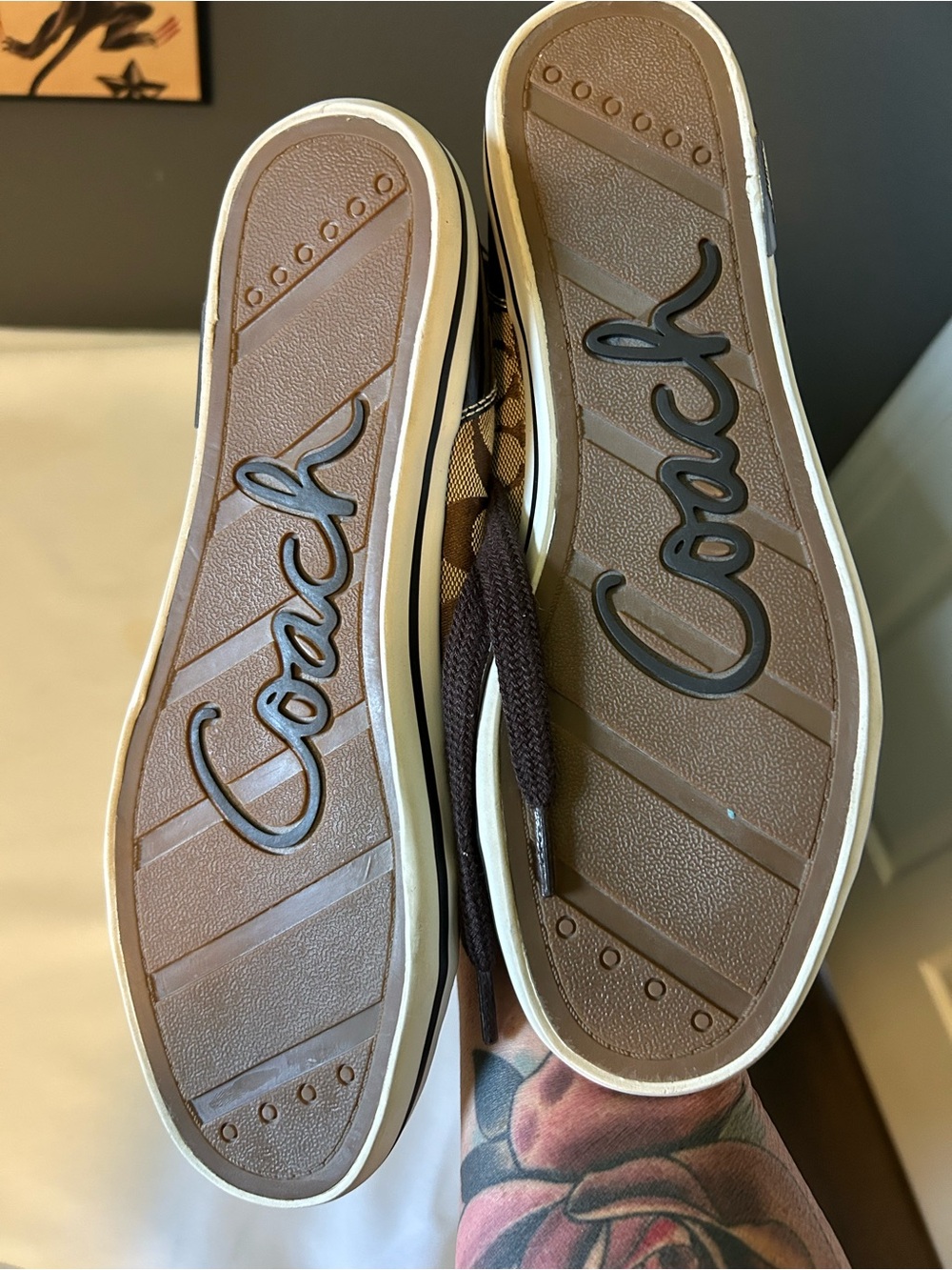 Coach Brown Signature High-Top Sneakers with Black Patent Trim - Picture 4 of 5